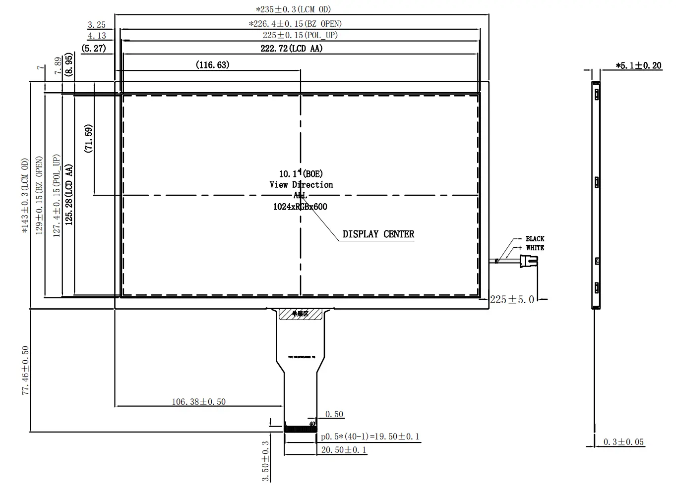 10.1 inch TFT LCD mechanical drawing