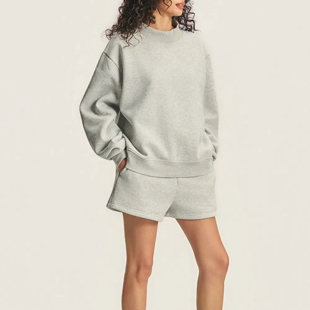 Cozy Light Gray Cotton Fleece Shorts with Matching Sweatshirt for Women