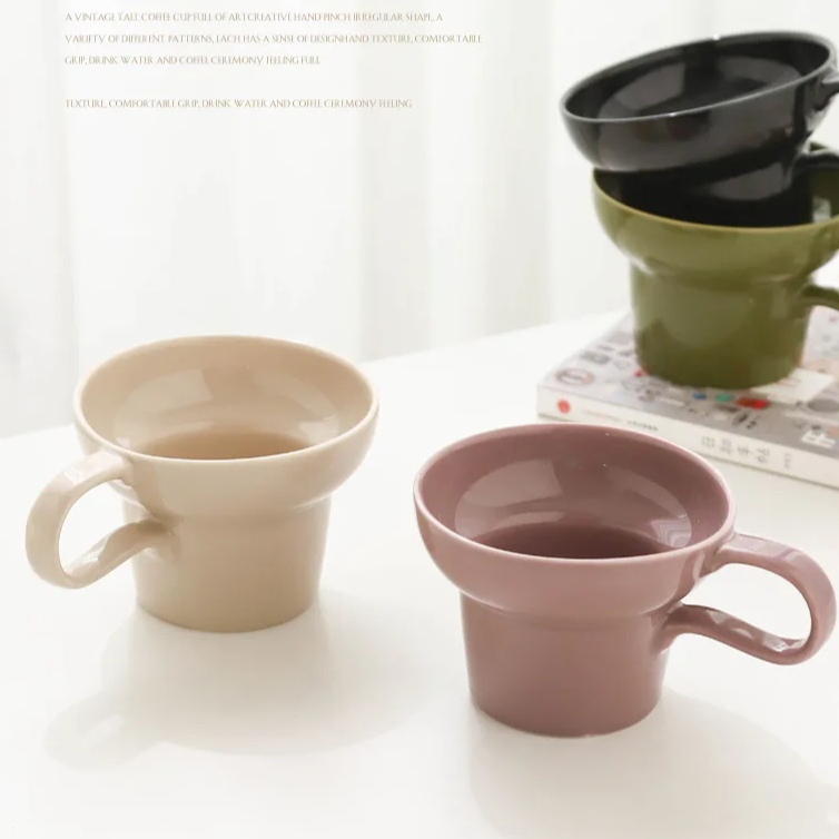 Ancient Style Wide Mouth Solid Color Retro Ceramic Coffee Cup Latte Cup Home Office Cup Milk Beige Mug