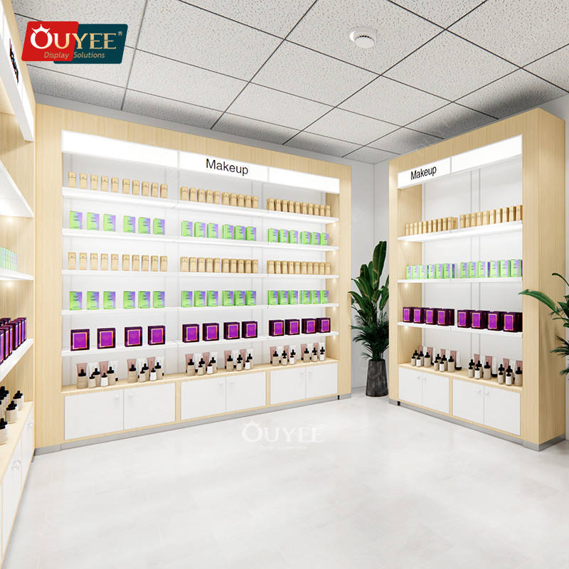Hair Salon Interior Design Wooden Beauty Shelf Makeup Cabinet Showcase for Beauty