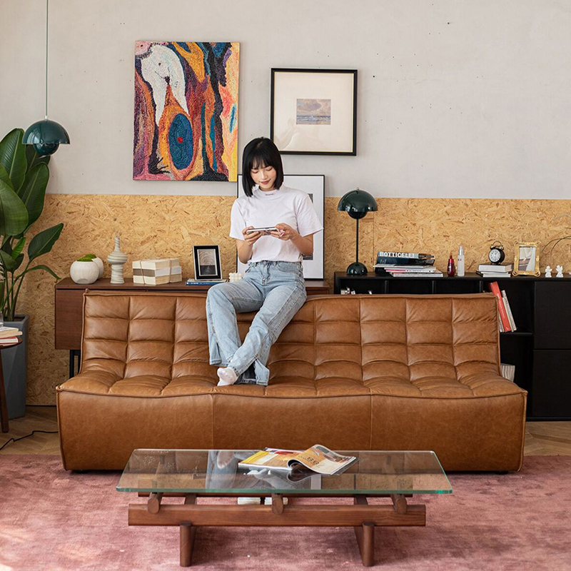 Nordic Retro Leather Sofa Living Room Waffle N701 Modern Expression Medieval Style American Module Corner Combination