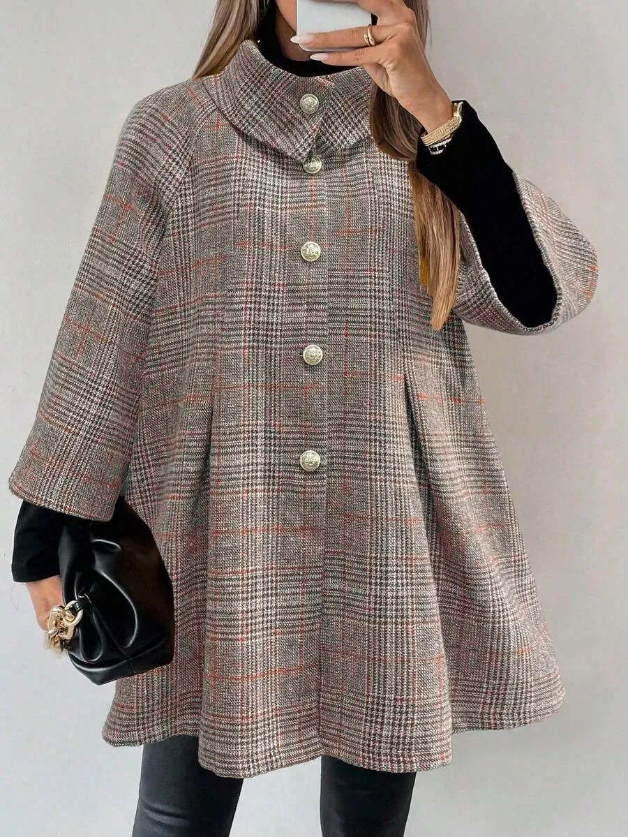 Women Grey Plaid High Neck Flip Collar Metal Button Loose Hem Three Quarter Sleeve Relaxed Bohemian Autumn Winter Wool Coat