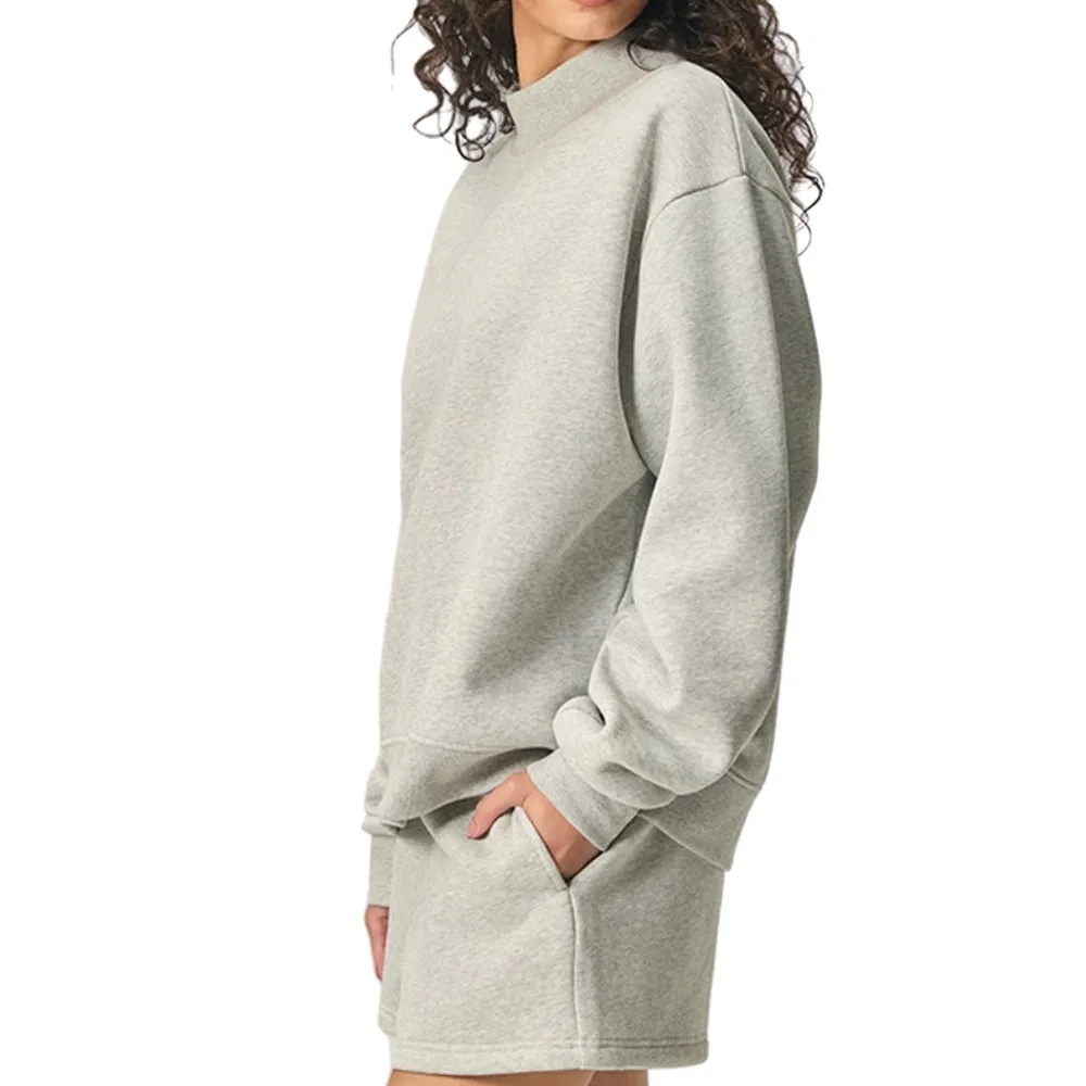 Cozy Light Gray Cotton Fleece Shorts with Matching Sweatshirt for Women