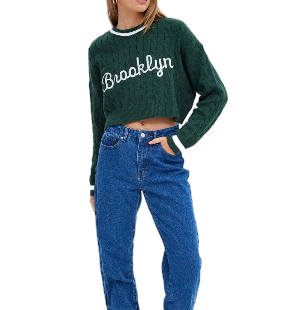 Green Color Embroidery Letters Cable Knit Crop Fit Women's Pullover Sweater