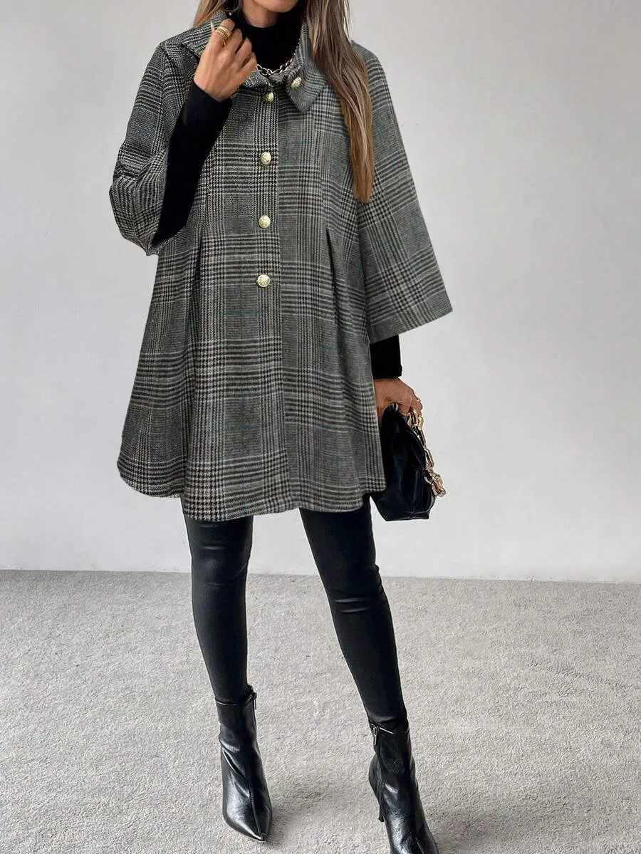 Women's Grey Plaid High Neck Flip Collar Metal Button Loose Hem Three Quarter Sleeve Boho Street Casual Loose Fit Wool Coat