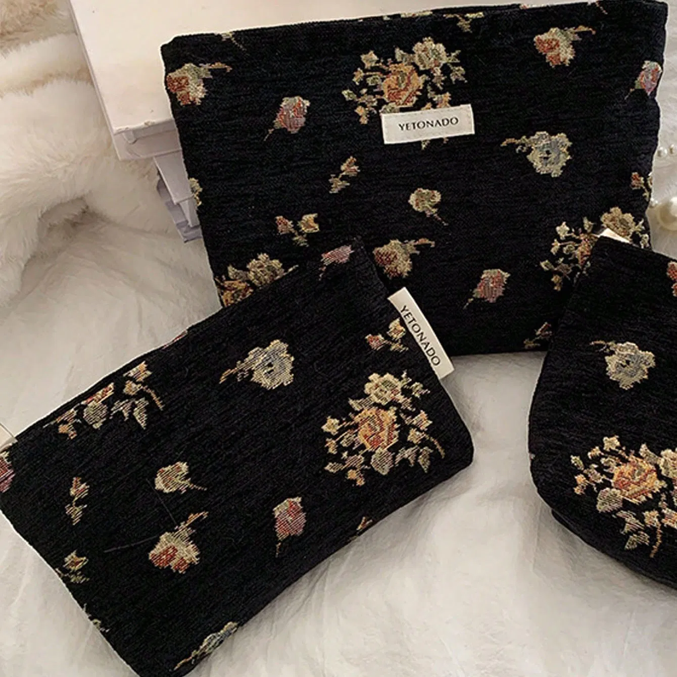 Promotion Set Retro Style Golden Flowers Black Makeup Bag