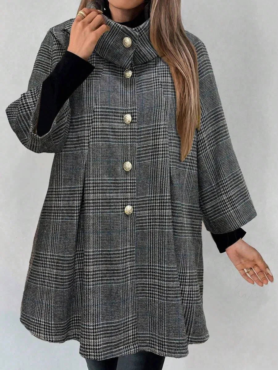 Women's Grey Plaid High Neck Flip Collar Metal Button Loose Hem Three Quarter Sleeve Boho Street Casual Loose Fit Wool Coat