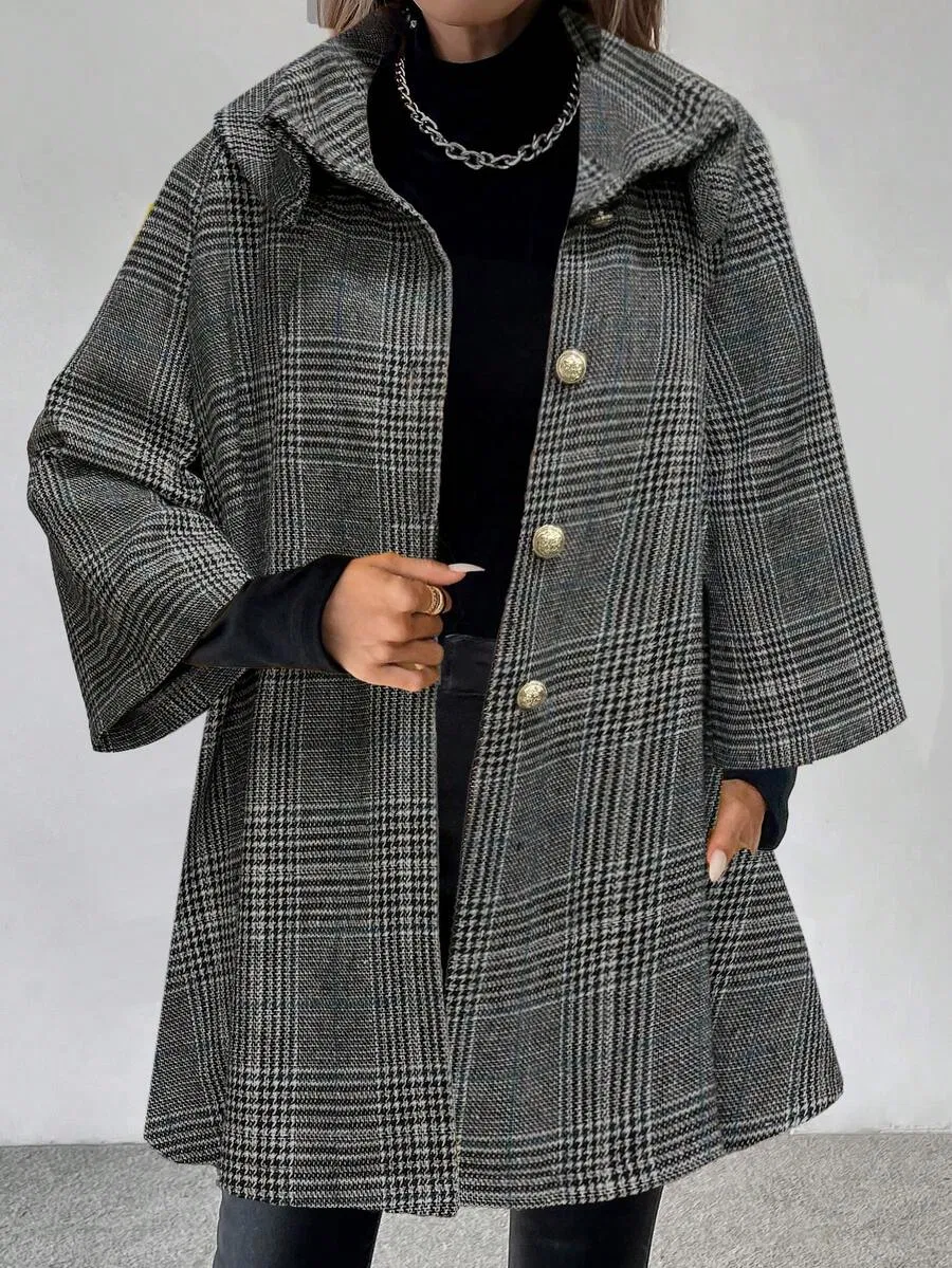 Women's Grey Plaid High Neck Flip Collar Metal Button Loose Hem Three Quarter Sleeve Boho Street Casual Loose Fit Wool Coat