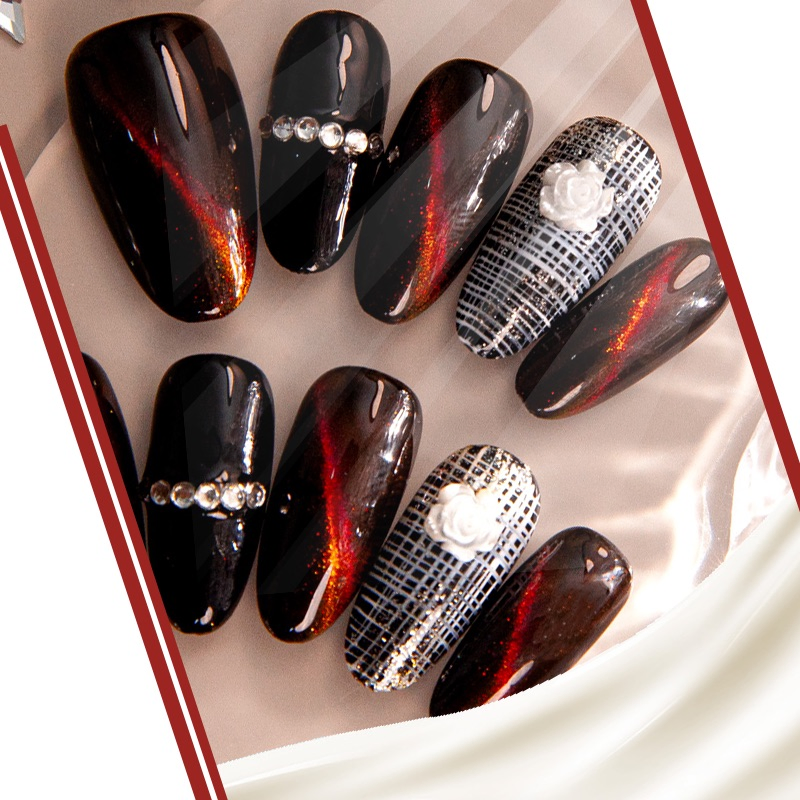 Glamorous Cat Eye Press-on Nails with Rhinestones &amp; Floral Patterns