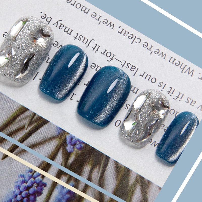 Luxury Silver &amp; Navy Blue Press-on Nails with Crystal Stars