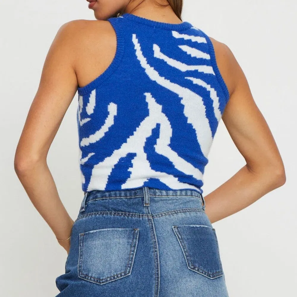 Blue and White Stripe Jacquard Design Pullover Knit Sweater Vest for Women