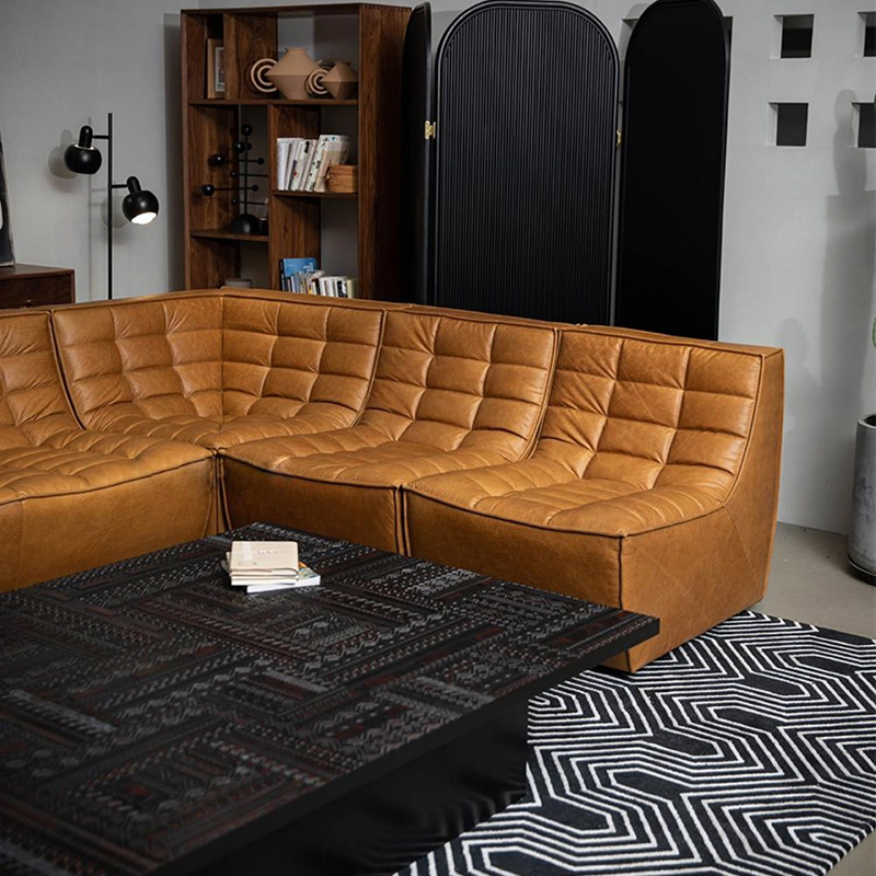 Nordic Retro Leather Sofa Living Room Waffle N701 Modern Expression Medieval Style American Module Corner Combination