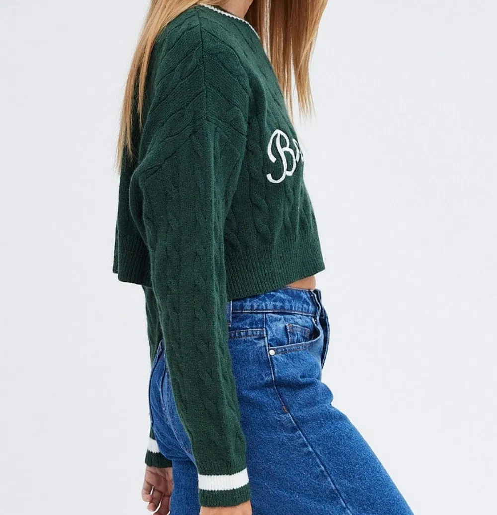 Green Color Embroidery Letters Cable Knit Crop Fit Women's Pullover Sweater