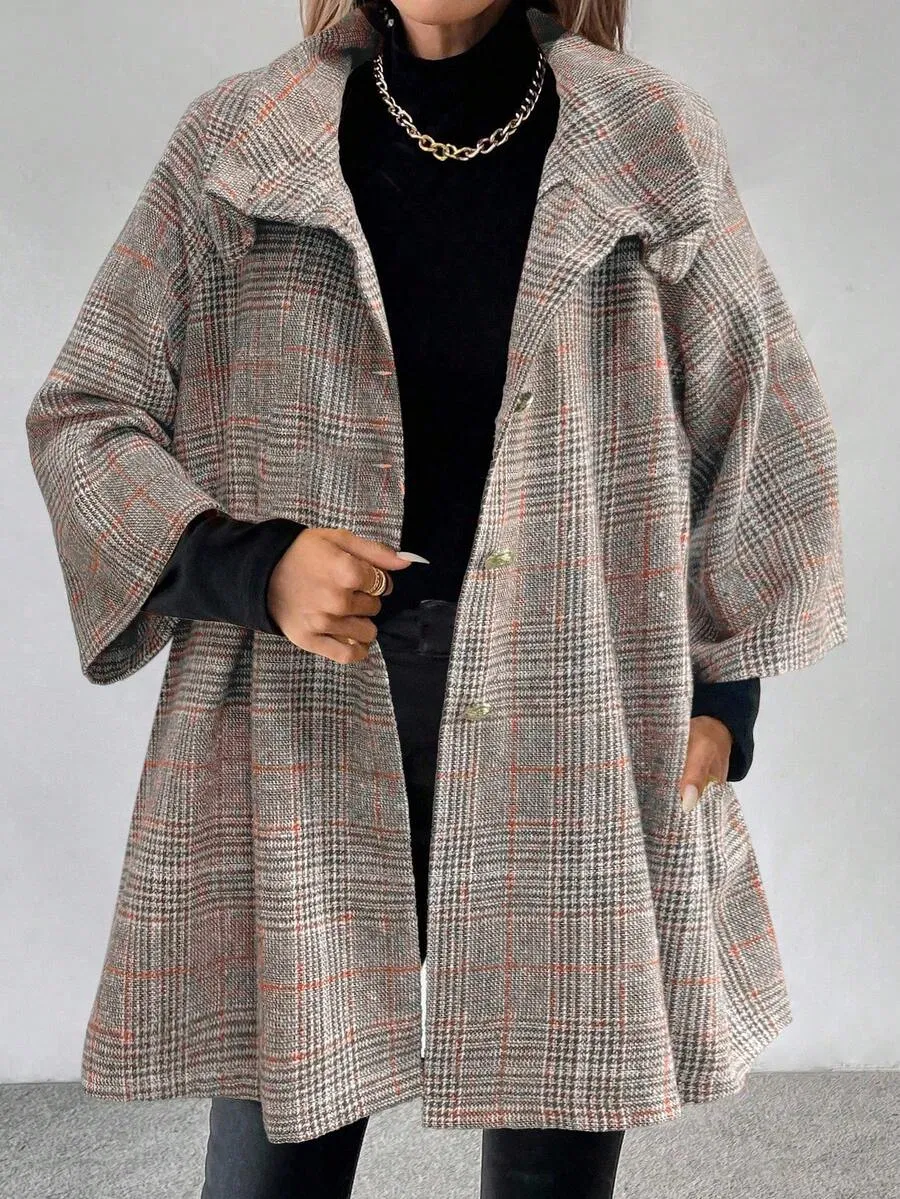 Women Grey Plaid High Neck Flip Collar Metal Button Loose Hem Three Quarter Sleeve Relaxed Bohemian Autumn Winter Wool Coat
