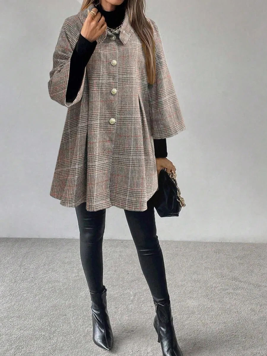 Women Grey Plaid High Neck Flip Collar Metal Button Loose Hem Three Quarter Sleeve Relaxed Bohemian Autumn Winter Wool Coat