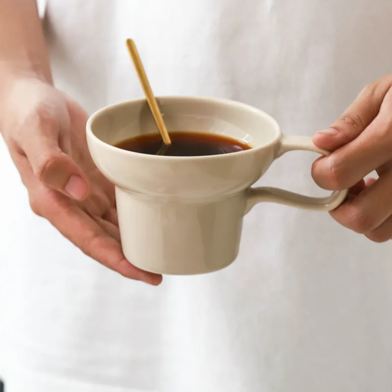 Ancient Style Wide Mouth Solid Color Retro Ceramic Coffee Cup Latte Cup Home Office Cup Milk Beige Mug