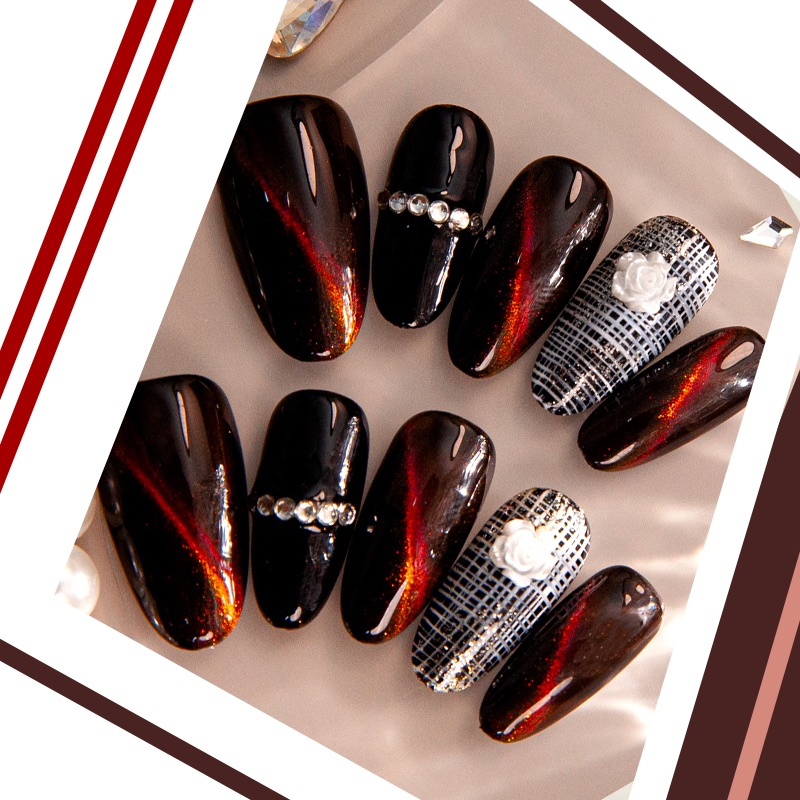 Glamorous Cat Eye Press-on Nails with Rhinestones &amp; Floral Patterns