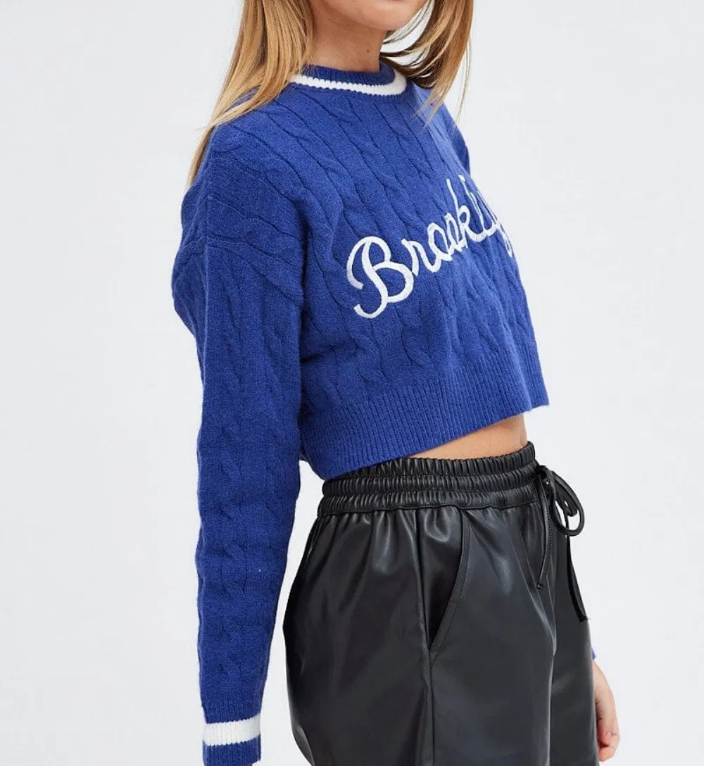 Fashion Navy Color with Embroidery Letters Design Crop Fit Women Sweater