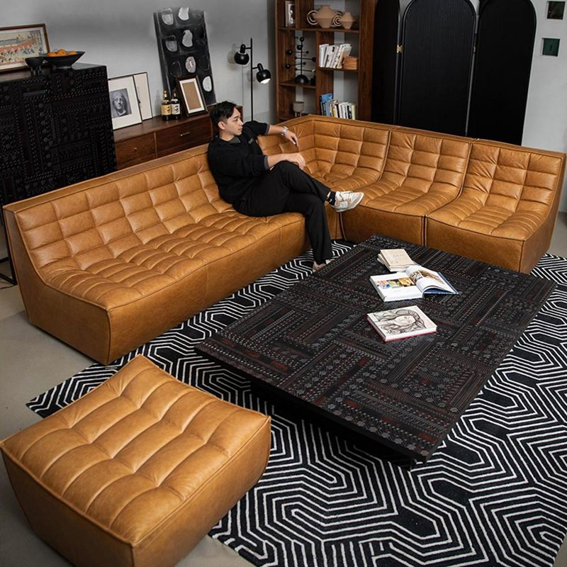 Nordic Retro Leather Sofa Living Room Waffle N701 Modern Expression Medieval Style American Module Corner Combination