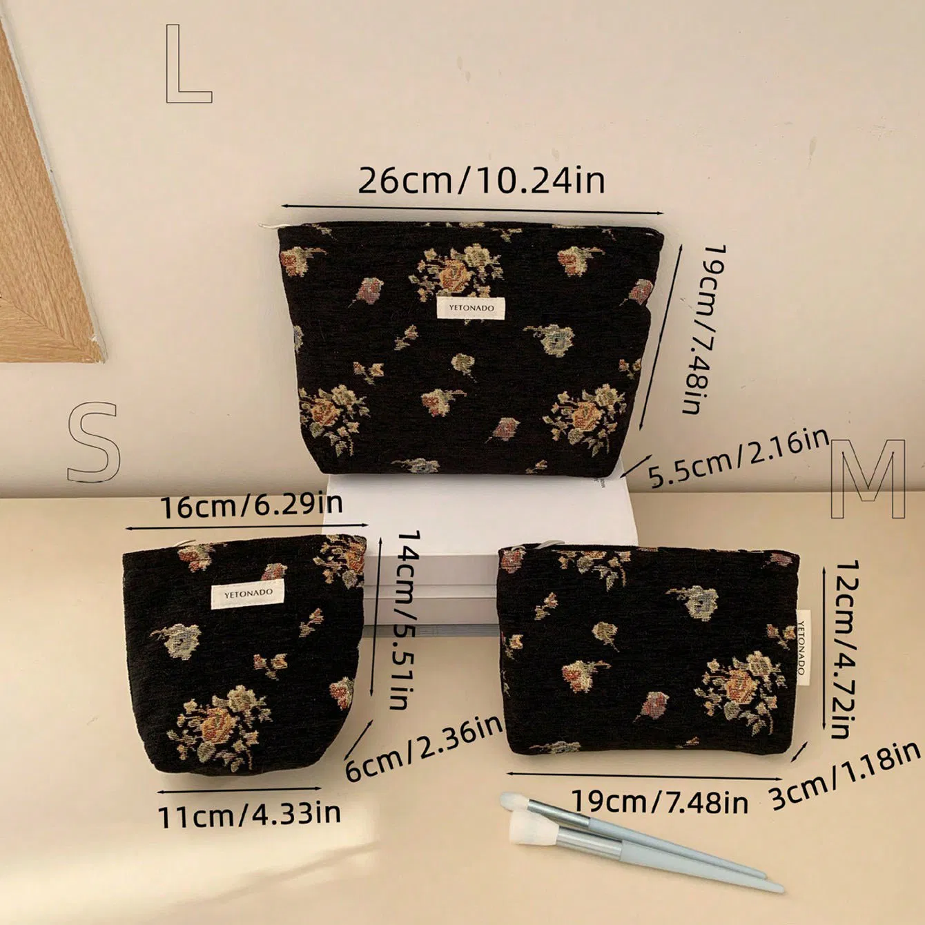 Promotion Set Retro Style Golden Flowers Black Makeup Bag