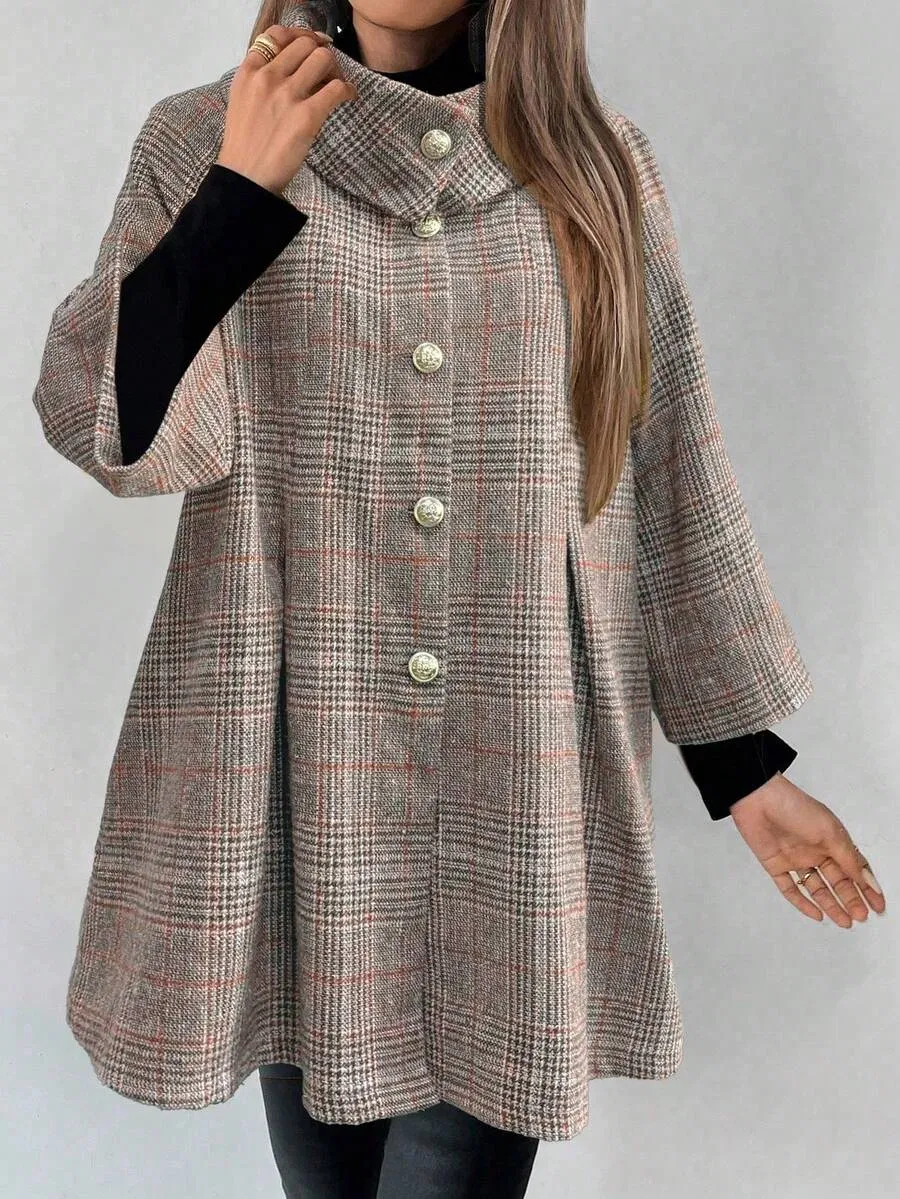 Women Grey Plaid High Neck Flip Collar Metal Button Loose Hem Three Quarter Sleeve Relaxed Bohemian Autumn Winter Wool Coat