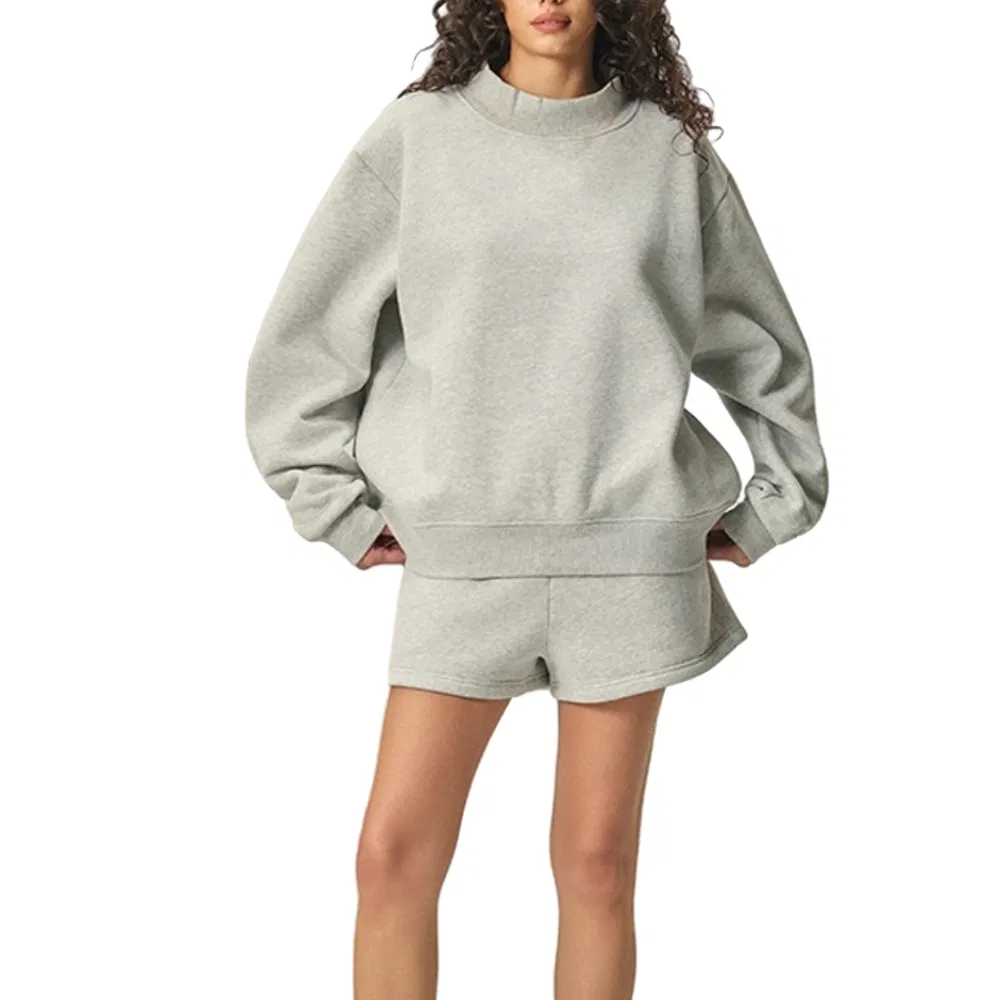 Cozy Light Gray Cotton Fleece Shorts with Matching Sweatshirt for Women