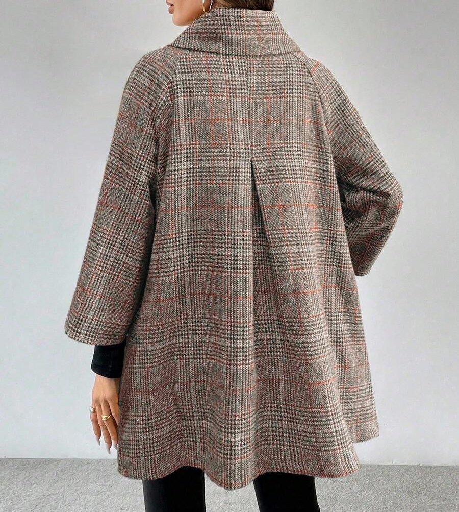 Women Grey Plaid High Neck Flip Collar Metal Button Loose Hem Three Quarter Sleeve Relaxed Bohemian Autumn Winter Wool Coat