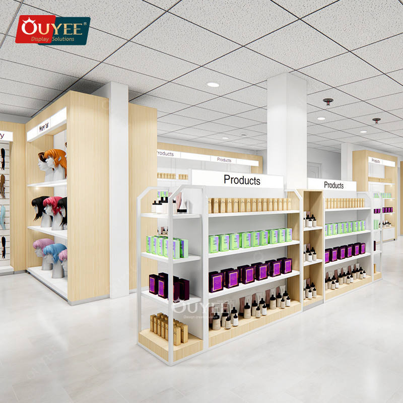 Hair Salon Interior Design Wooden Beauty Shelf Makeup Cabinet Showcase for Beauty