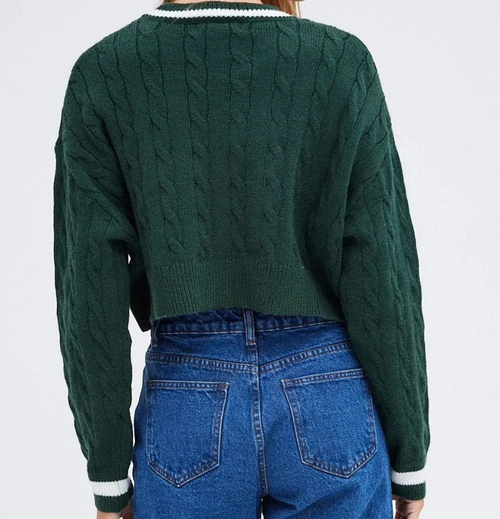 Green Color Embroidery Letters Cable Knit Crop Fit Women's Pullover Sweater