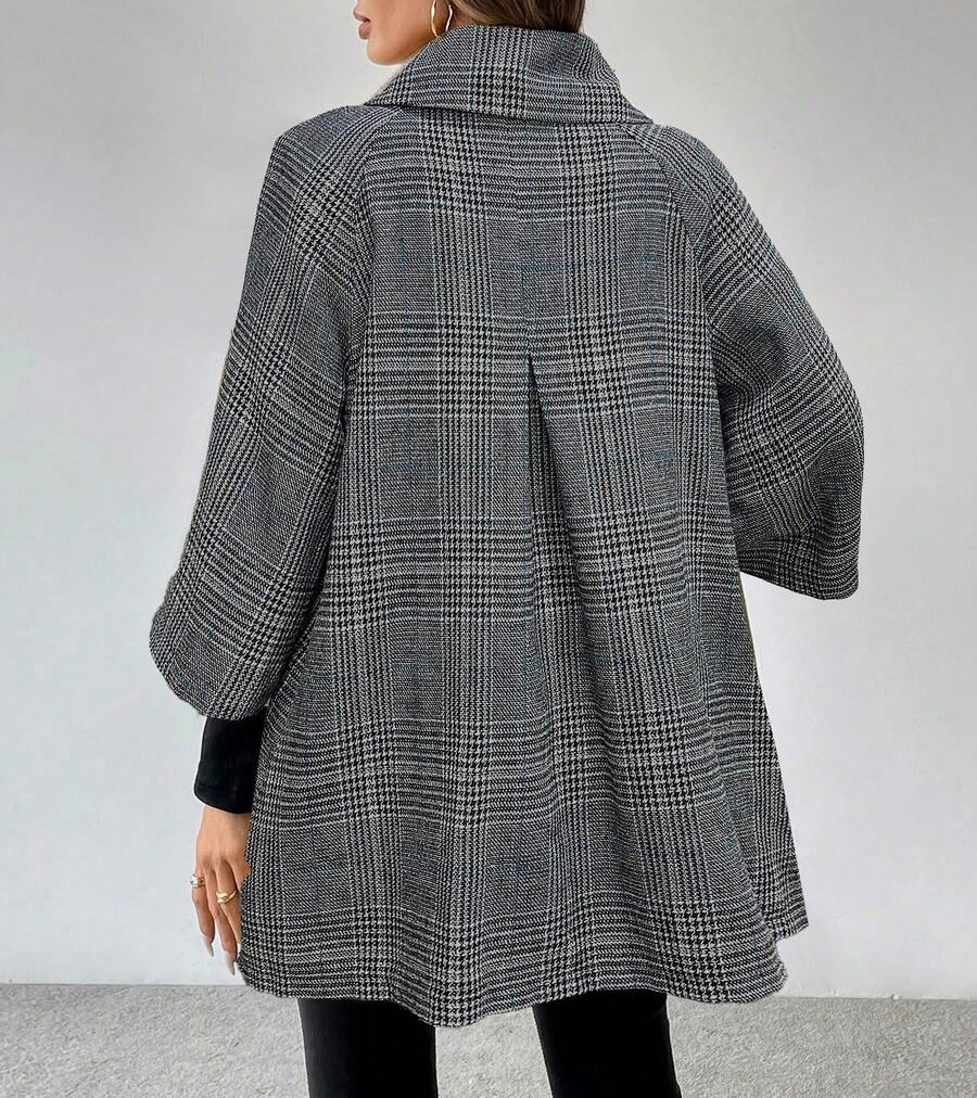 Women's Grey Plaid High Neck Flip Collar Metal Button Loose Hem Three Quarter Sleeve Boho Street Casual Loose Fit Wool Coat