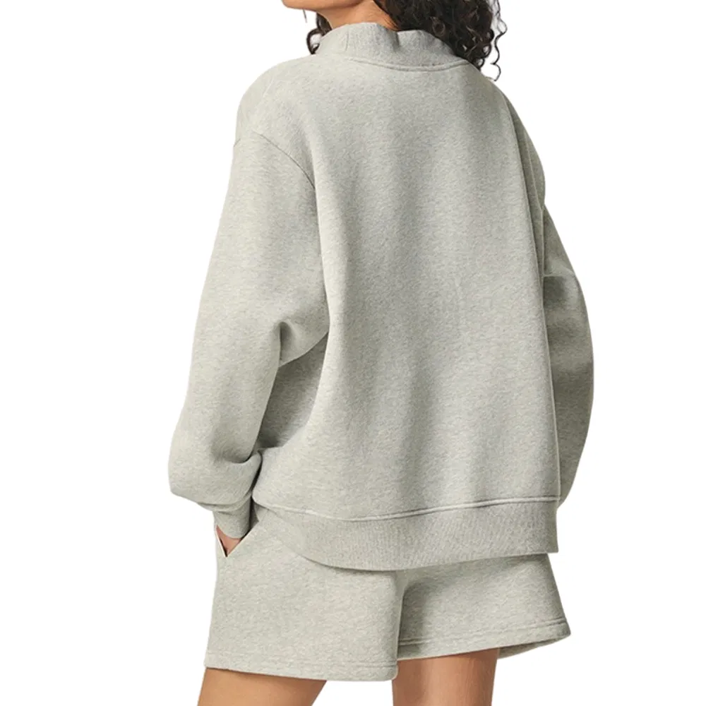 Cozy Light Gray Cotton Fleece Shorts with Matching Sweatshirt for Women