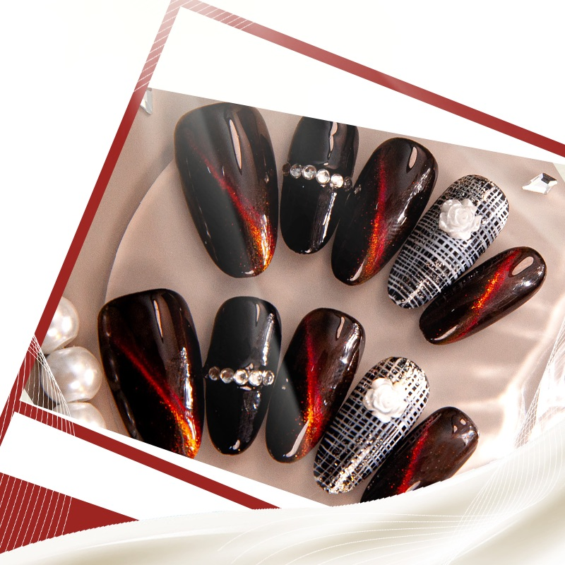 Glamorous Cat Eye Press-on Nails with Rhinestones &amp; Floral Patterns