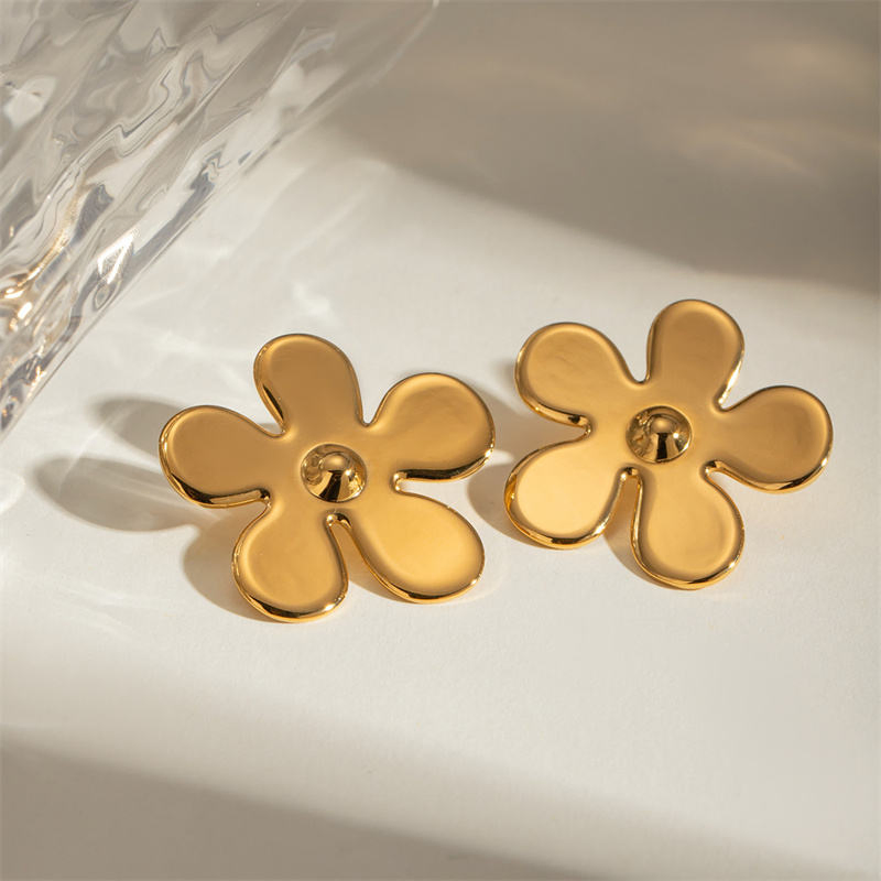 French Retro Classic Ins Style Fashion High-End 18K Gold Stainless Steel Jewelry Glossy Flower Earrings Factorydirect Sales