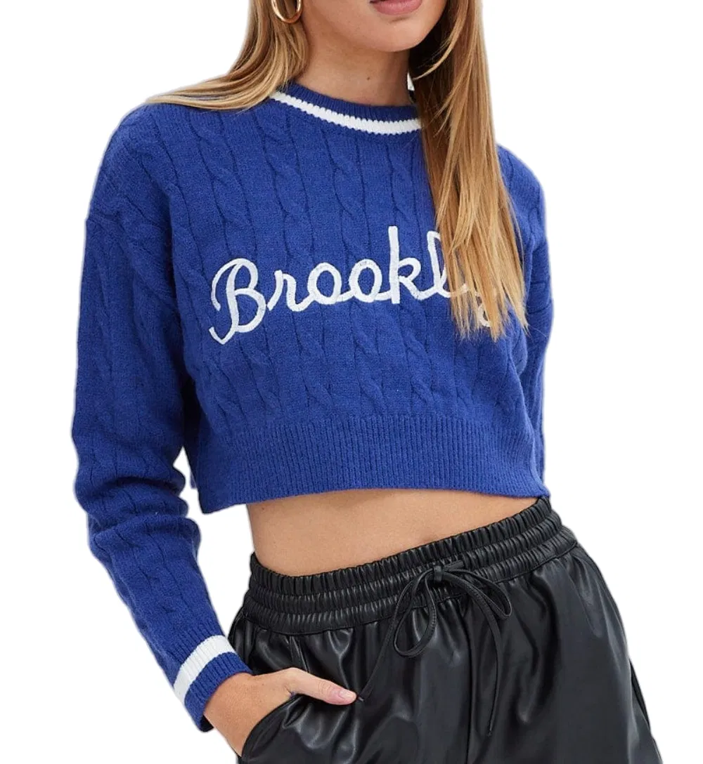 Fashion Navy Color with Embroidery Letters Design Crop Fit Women Sweater