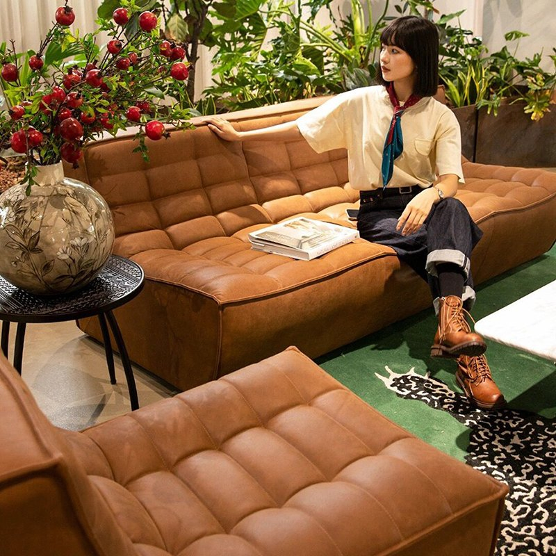 Nordic Retro Leather Sofa Living Room Waffle N701 Modern Expression Medieval Style American Module Corner Combination