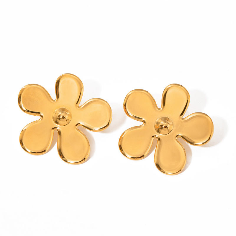 French Retro Classic Ins Style Fashion High-End 18K Gold Stainless Steel Jewelry Glossy Flower Earrings Factorydirect Sales
