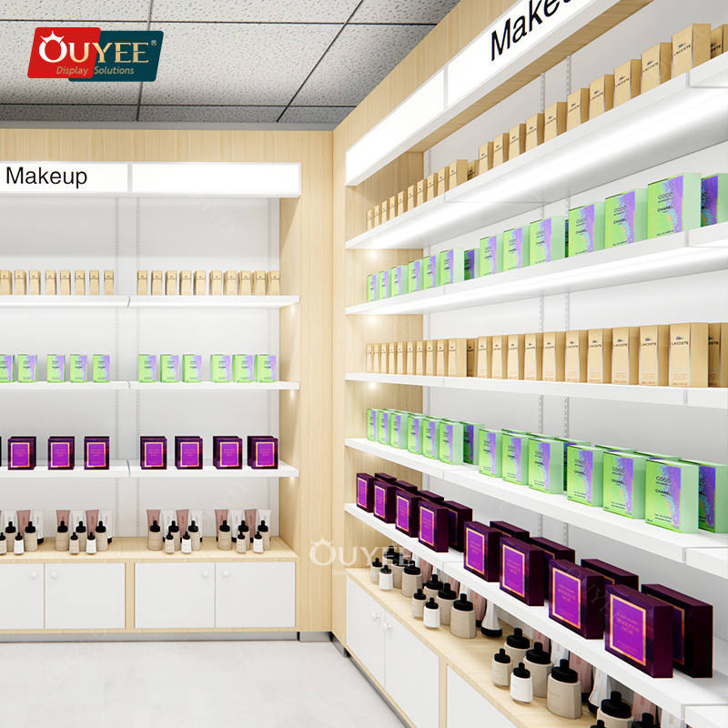 Hair Salon Interior Design Wooden Beauty Shelf Makeup Cabinet Showcase for Beauty