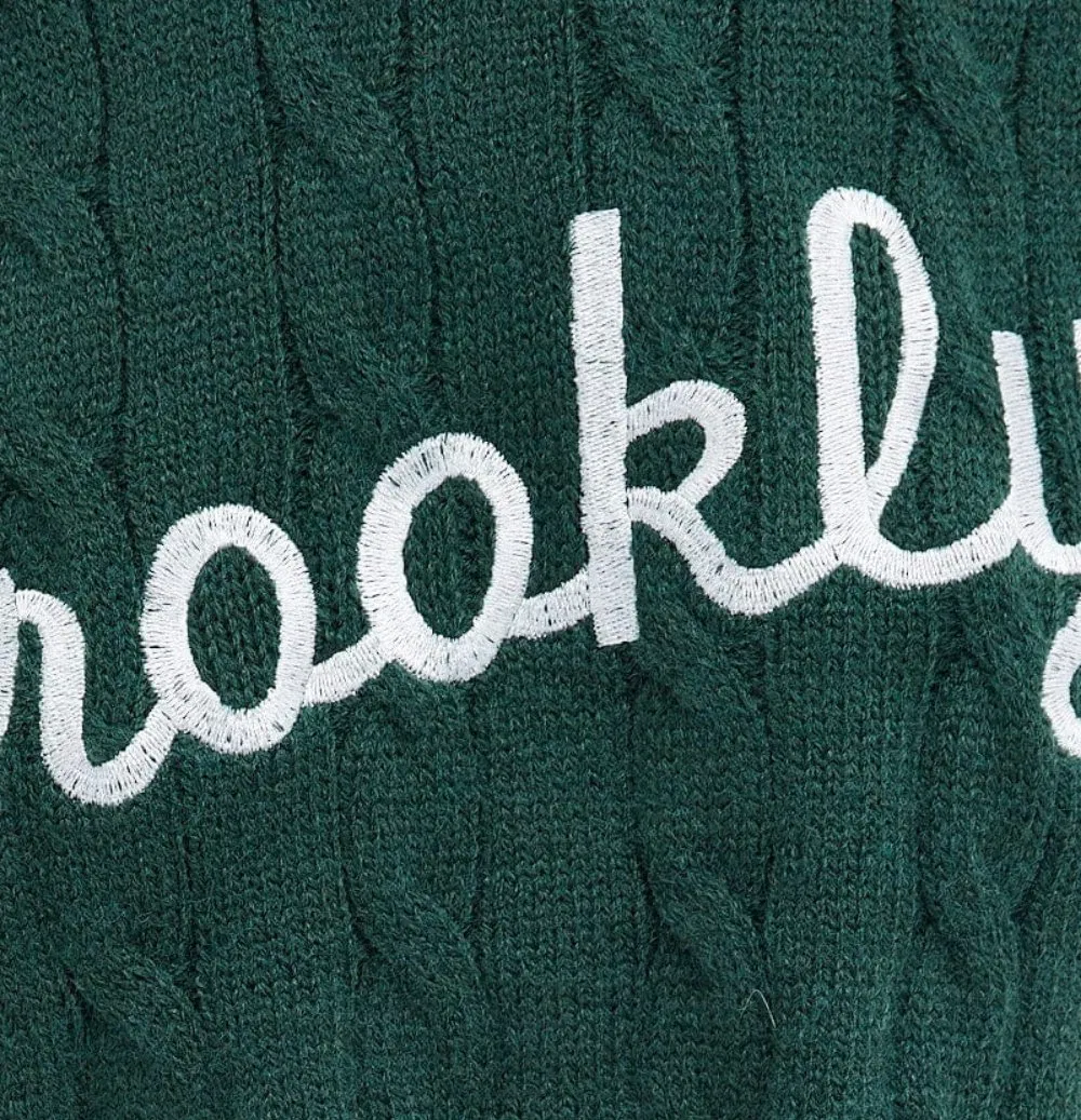 Green Color Embroidery Letters Cable Knit Crop Fit Women's Pullover Sweater