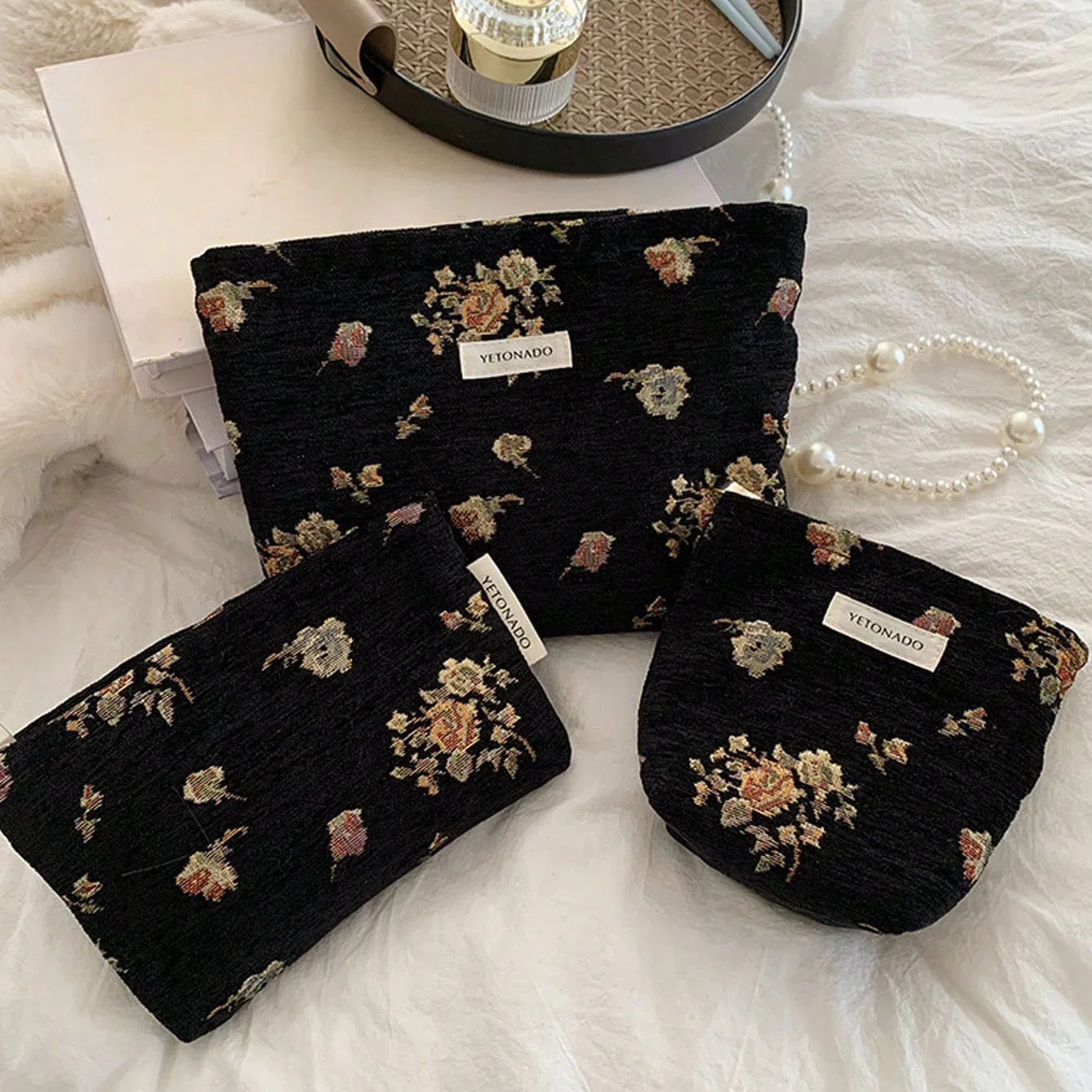 Promotion Set Retro Style Golden Flowers Black Makeup Bag