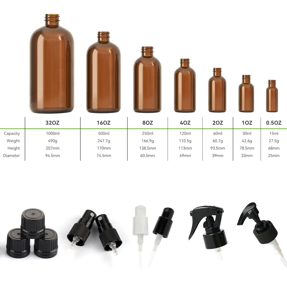 Factory 1/2oz 1oz 2oz Laboratory Glassware Amber Glass Boston Round Bottle for Pharmaceutical Tincture Medicine