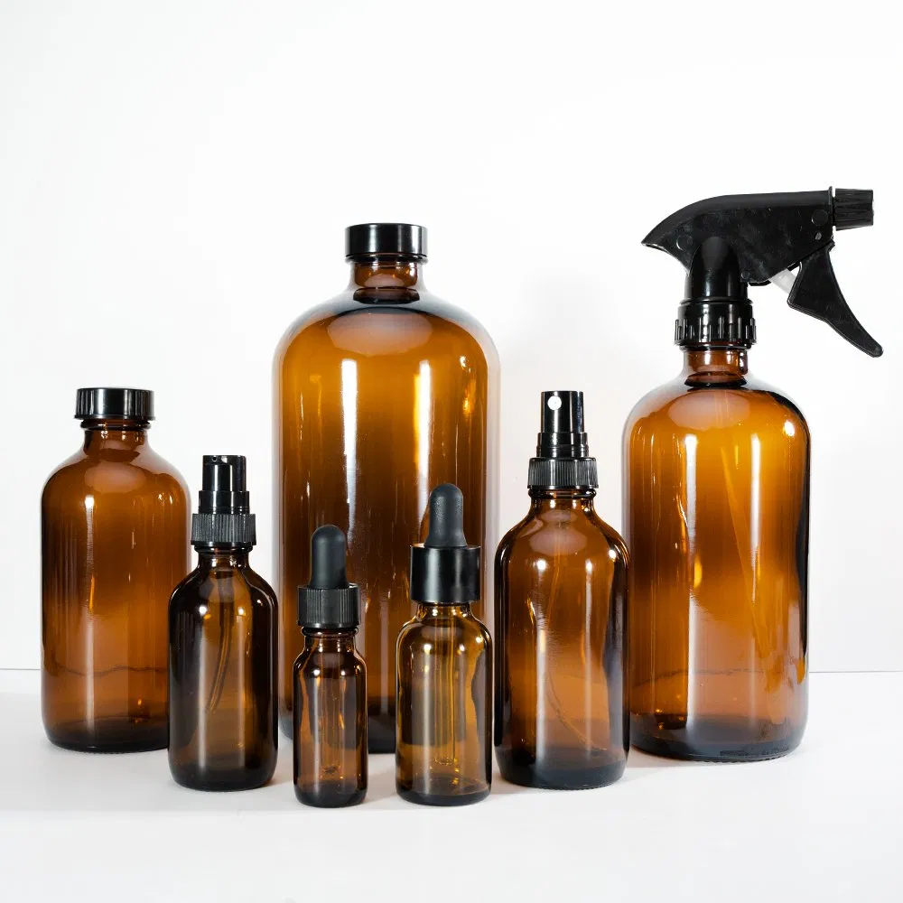 Factory 1/2oz 1oz 2oz Laboratory Glassware Amber Glass Boston Round Bottle for Pharmaceutical Tincture Medicine