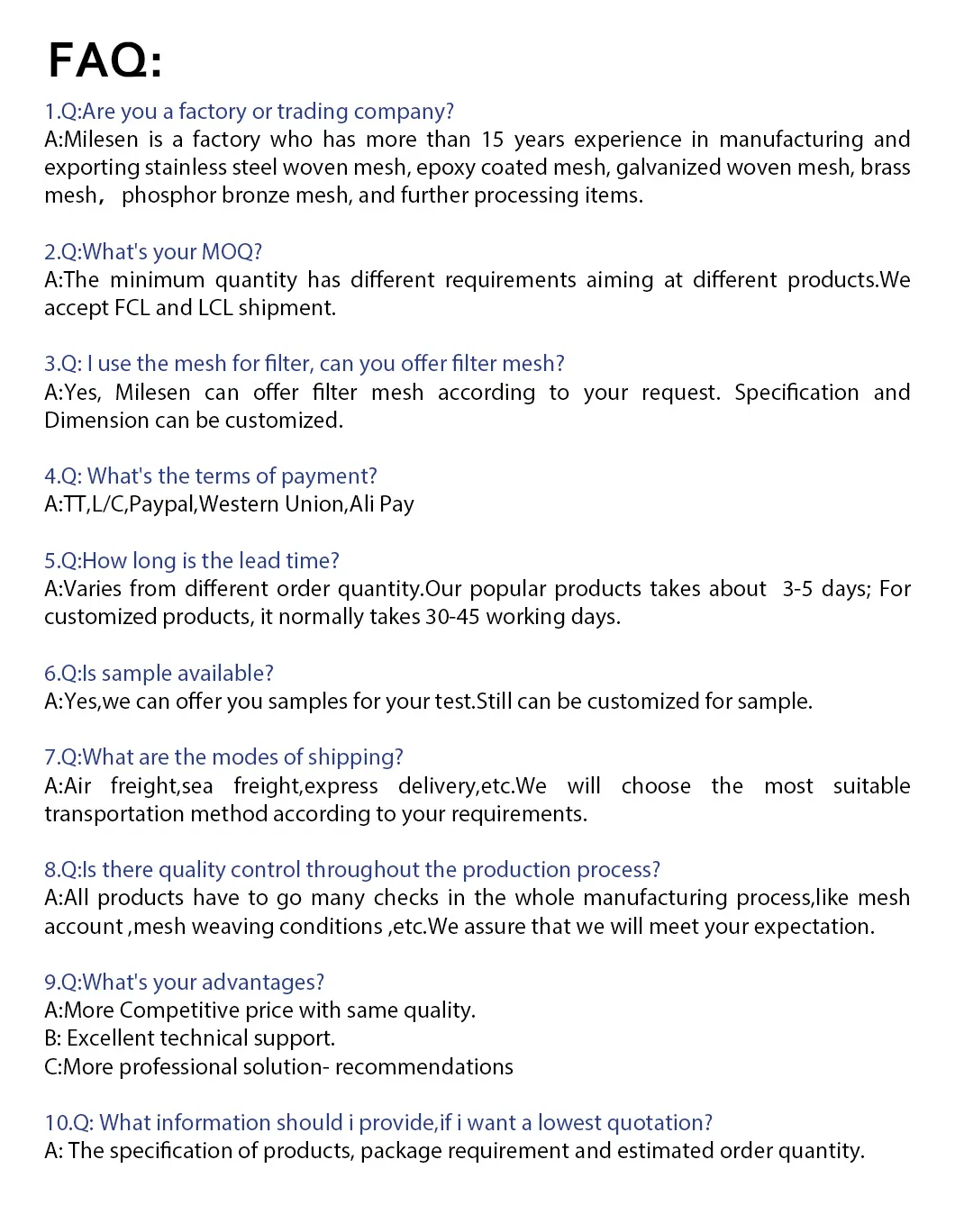 Full Mesh Specifications