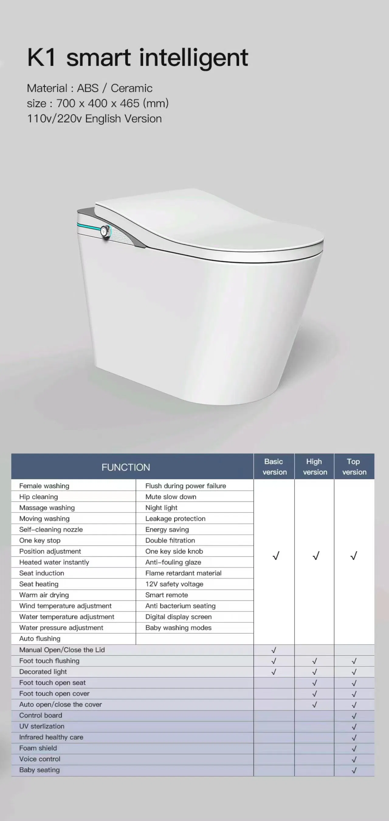 K1 White Smart Toilet, Intelligent Water Closet, One Piece Toilet