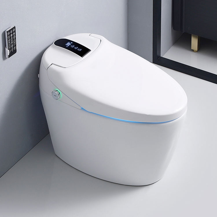 Freestanding Tankless Bathroom Smart Toilet with Heated Bidet Night Light Foot Sensor Voice Control for High-End Villa and Condo