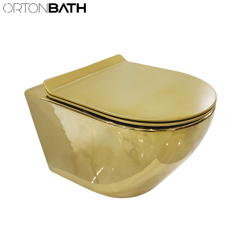 Ortonbath Brushed Gold Rimless Collision Smart Round Rectangular Square Wall Hung Mounted Wc Chinese Bathroom Toilet with Bowl Seat Cover