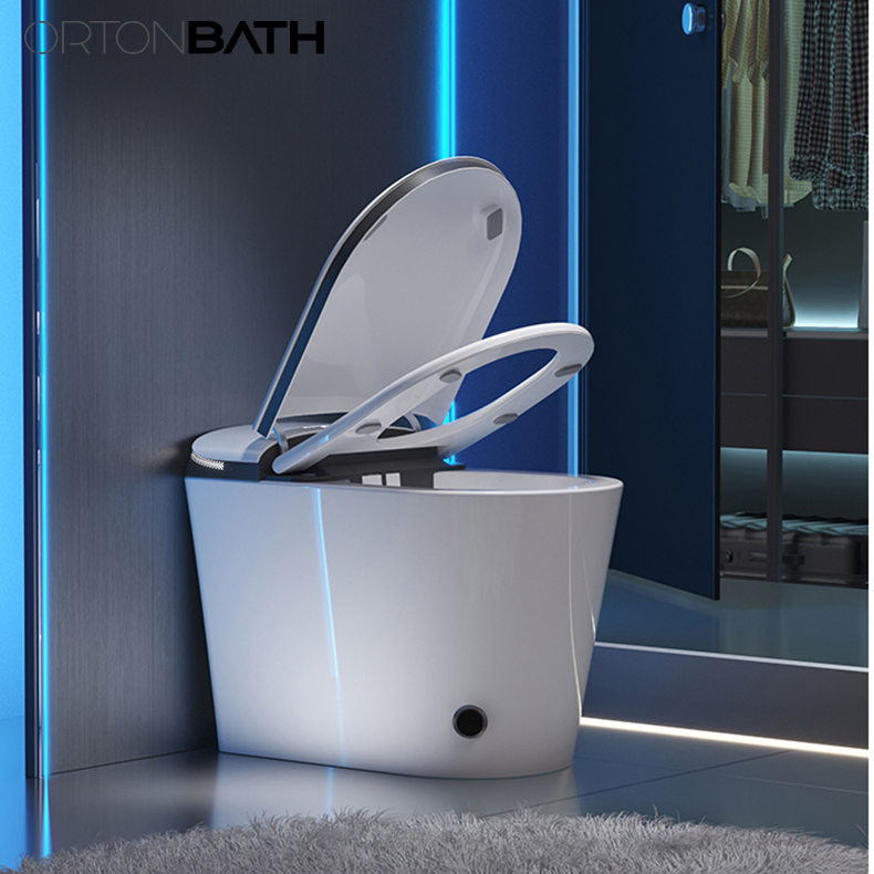 Ortonbath One Piece Floor Mounted Smart Toilet Intelligent Wc Toilet Auto Flush Foot Sensor Modern Tankless Toilet Sanitary Ware with LED Display Seat