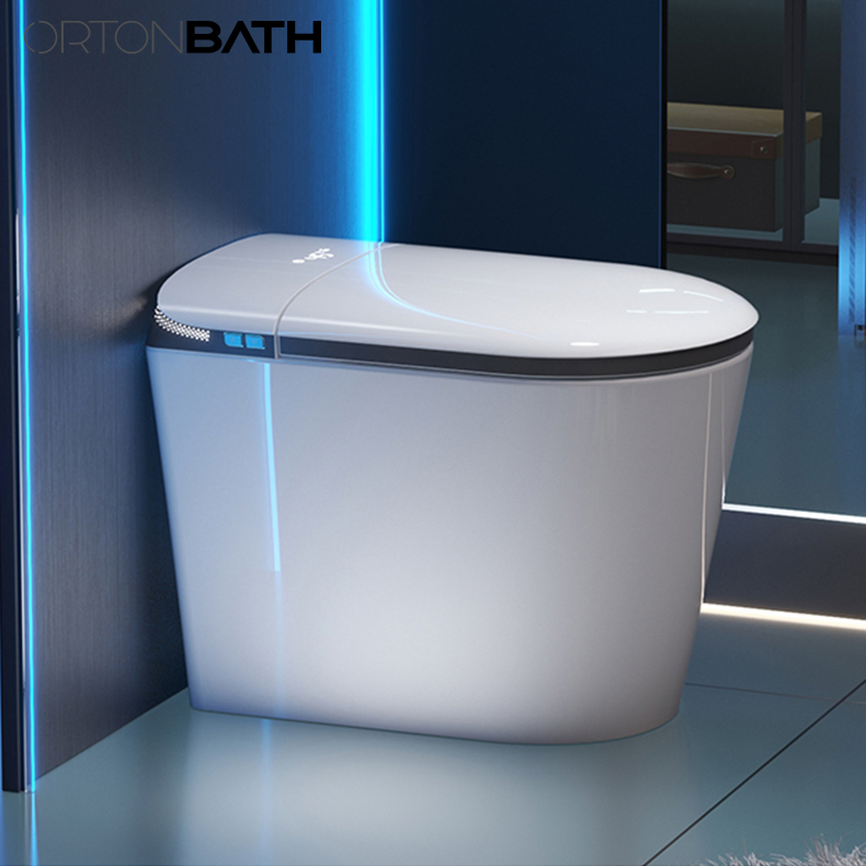 Ortonbath One Piece Floor Mounted Smart Toilet Intelligent Wc Toilet Auto Flush Foot Sensor Modern Tankless Toilet Sanitary Ware with LED Display Seat