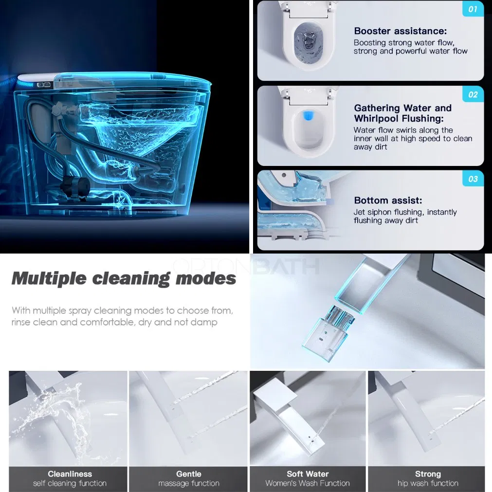 Ortonbaths One Piece Floor Mounted Smart Toilet Auto Flush Foot Sensor Modern Elongated Tankless Toilet with LED Display