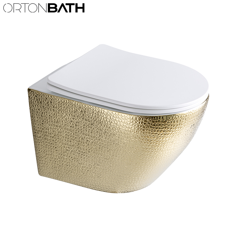 Ortonbath Brushed Gold Rimless Collision Smart Round Rectangular Square Wall Hung Mounted Wc Chinese Bathroom Toilet with Bowl Seat Cover