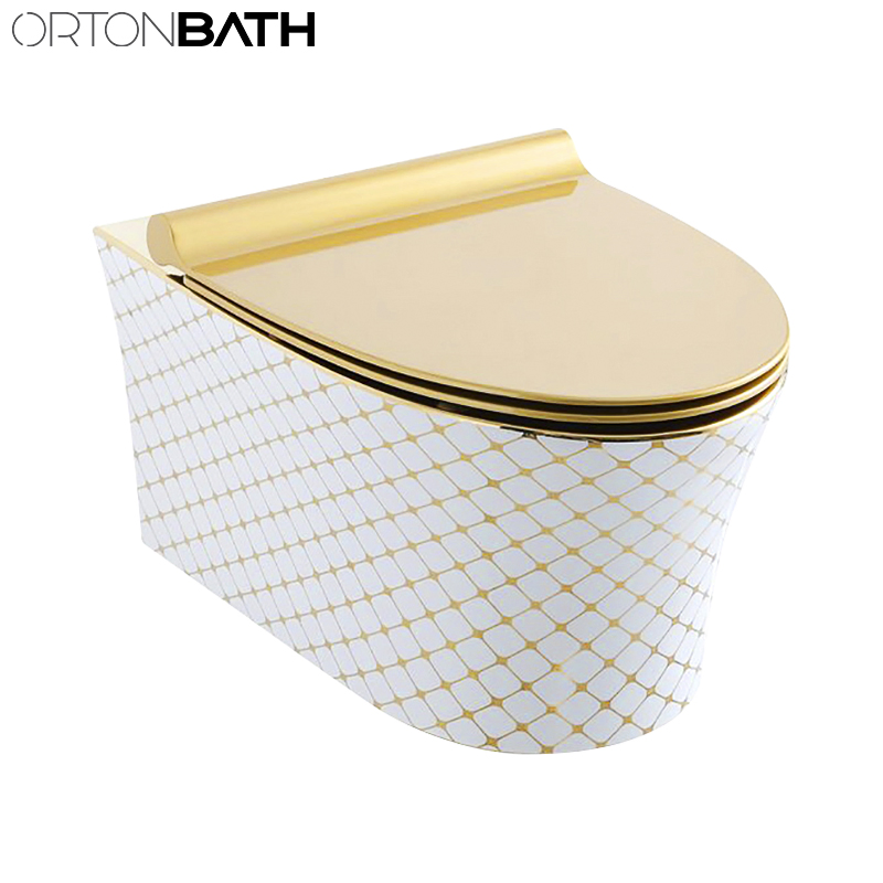 Ortonbath Brushed Gold Rimless Collision Smart Round Rectangular Square Wall Hung Mounted Wc Chinese Bathroom Toilet with Bowl Seat Cover